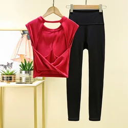 Women's Yoga Vest Set Sexy Back Sports Top Short Sleeve Leggings Set Fitness Suit Gym Pant Sets 2 Piece Sets Outfit Sports Suit