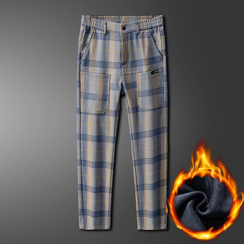 2024 New Winter Luxury Plaid Check Pattern Fleece Thick Warm Casual Pants Men Business Velvet Korean Pocket Long Trousers Male