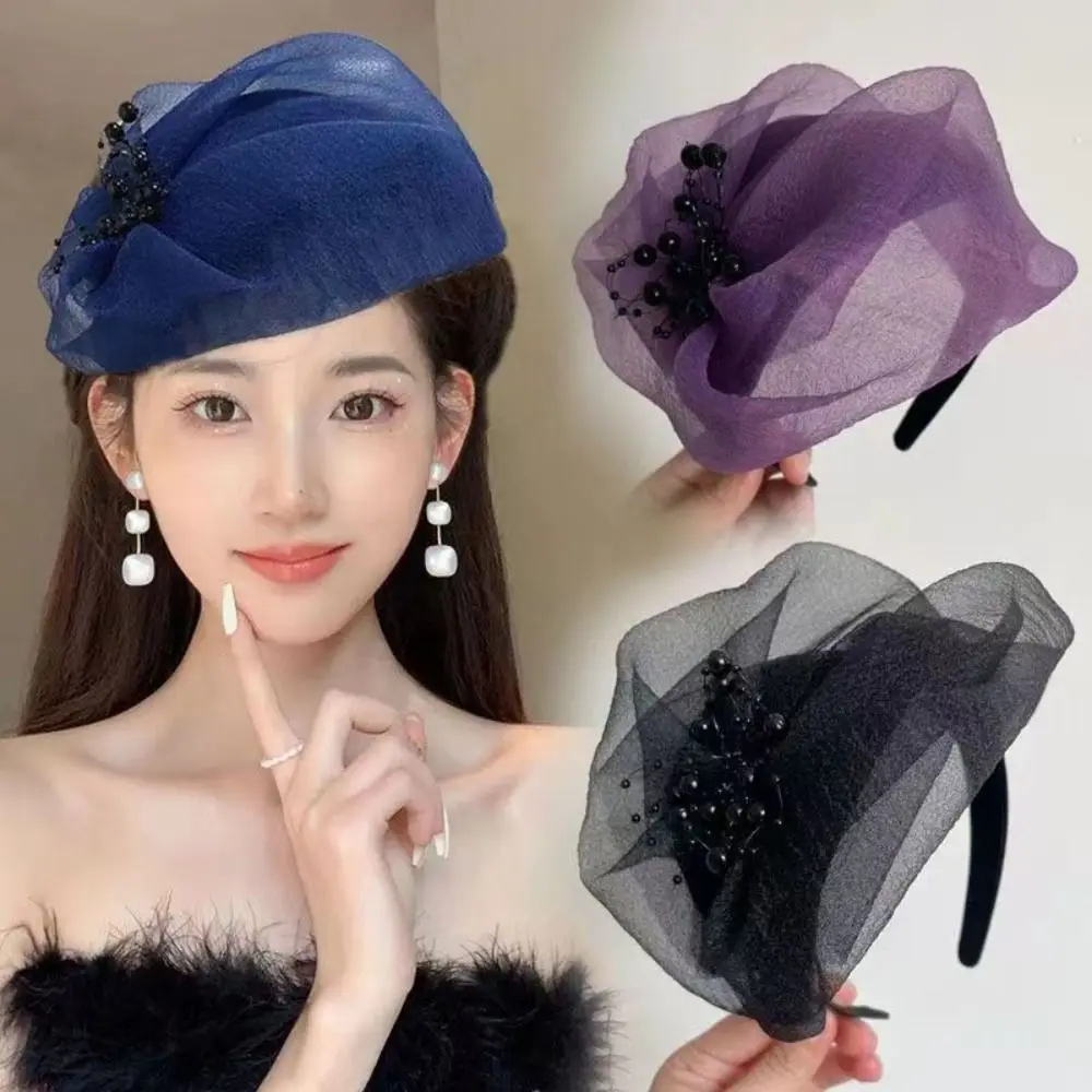 Elegant Plastic Beaded Mesh Hairband Hair Accessories French Mesh Veil Fascinator Hat Dinner Party Hairband Bead Yarn Half Hat