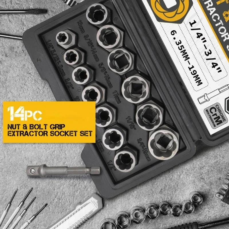 14 Pieces Impact Bolt & Nut Remover Set Cr-Mo Steel Bolt Extractor Tool Set with Storage for Case Used for Top Sale