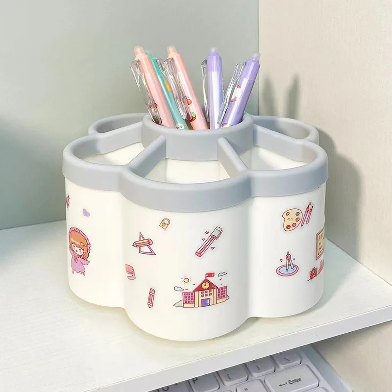 Rotating Pen Holder, Office Desk Pencil Case, Makeup Brush Organizer, Study, Dormitory Accessories, With Stickers For DIY