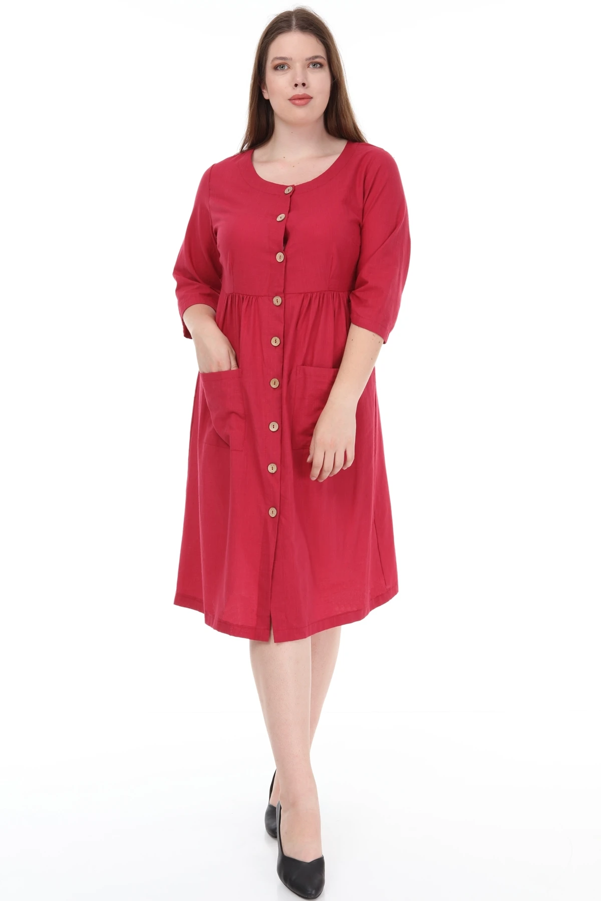 Lir Women Large Size Pockets Button Dress Burgundy L1624