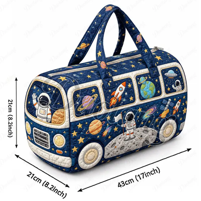 Vintage Bus Shaped Handbag for Travel Universe Astronaut Rocket UFO Women Duffle Totes Shoes Holder Large Capacity Shoulder Bags
