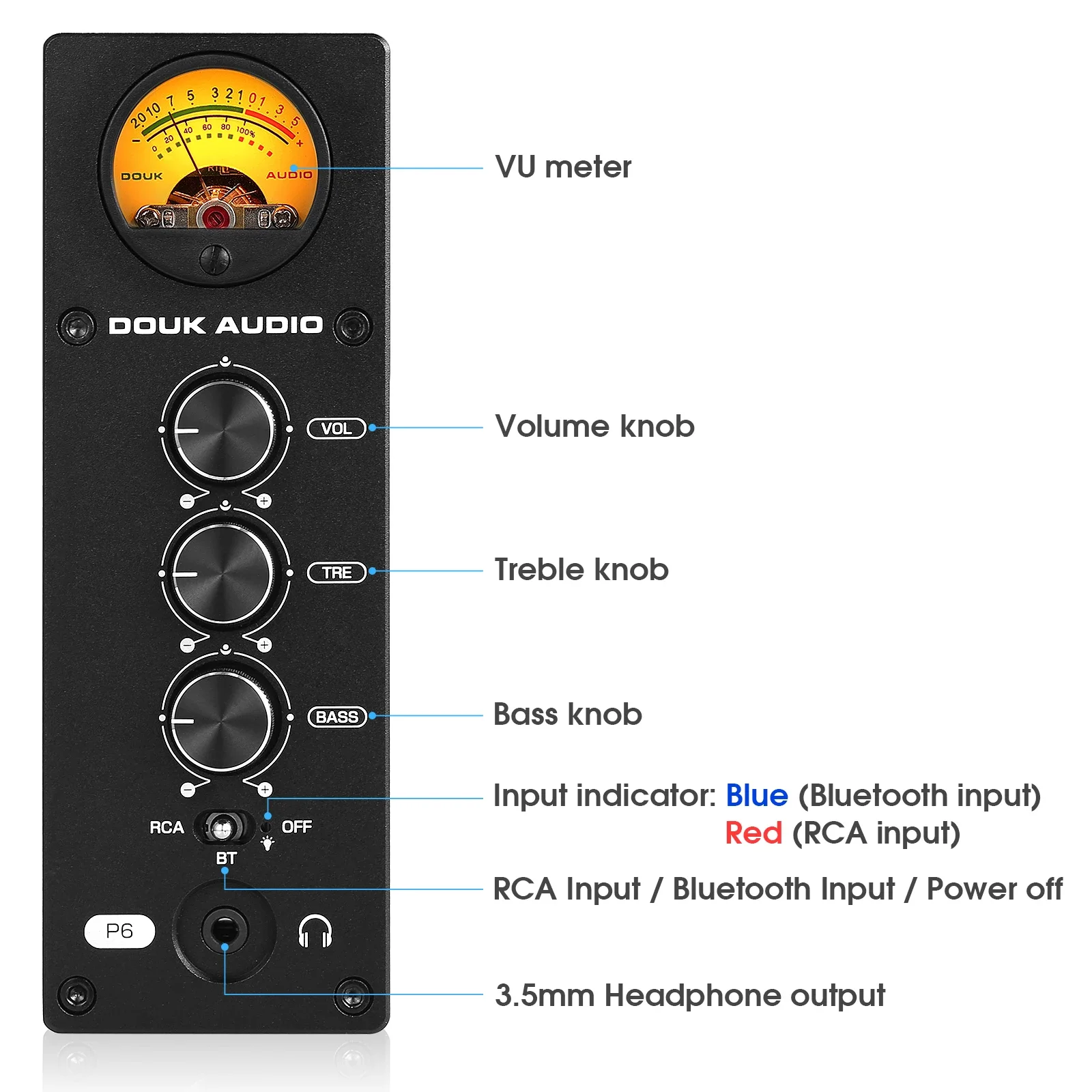 Douk Audio P6 HiFi JAN5654 Valve Tube Preamp Stereo Headphone Amplifier Bluetooth 5.1 Receiver Audio Amp with VU Meter