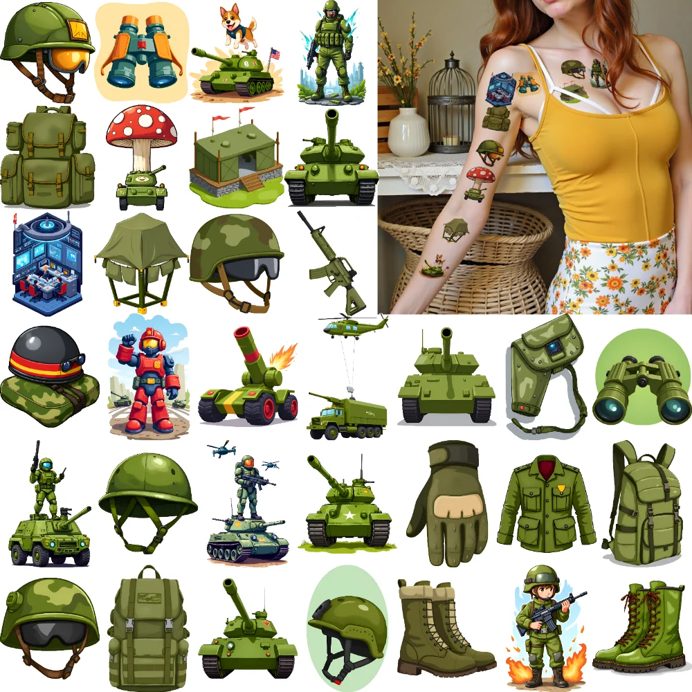 

63pcs Temporary Tattoo Military Equipment Cartoon Military Gear Waterproof Long-lasting Body Stickers For Shoulders Children