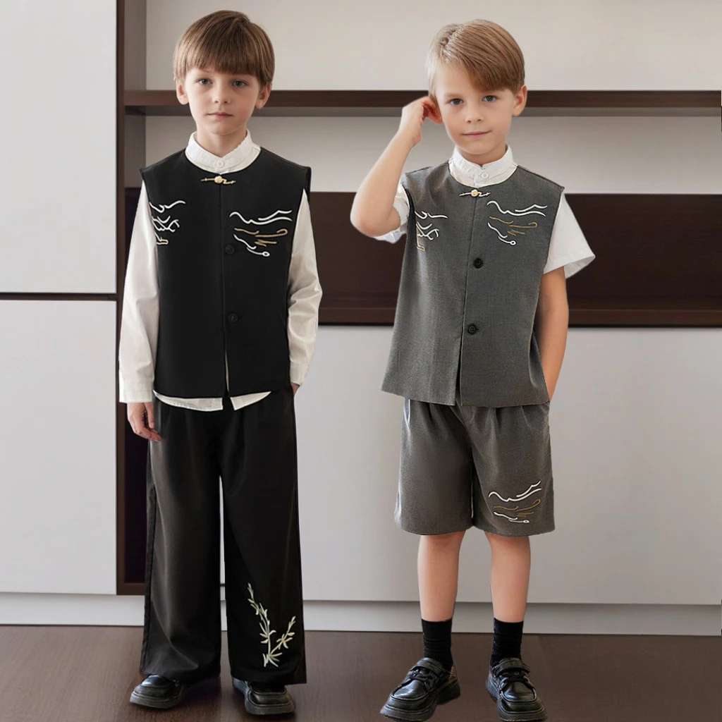 

Boys Chinese Tang Suit Set Fashion Embroidered Cloud Pattern Vest Pants Outfits Grey Gentleman Teen Kids Birthday Costume 12 Y