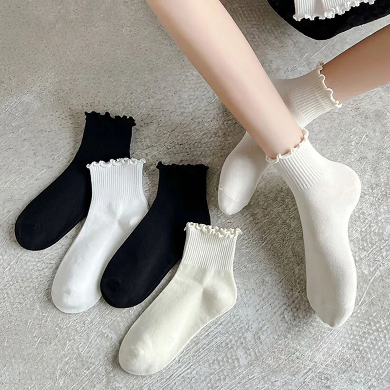 Cotton White Socks with Ruffle Edges Japanese Style Lolita Cute Ankle Sock Korean Version All Match Casual Short Socks for Women