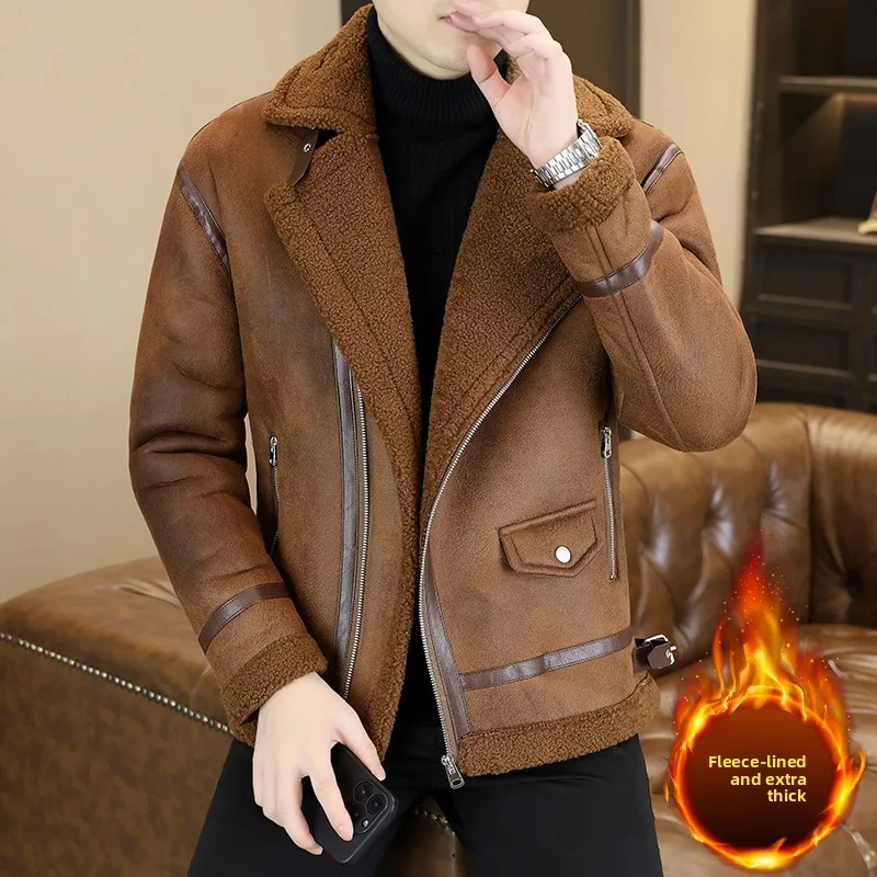 

Men's Thiened Fce Lined Leather And Fur Jaet Vintage American Sle Biker Collar Warm Outerwear for Autumn And Winter