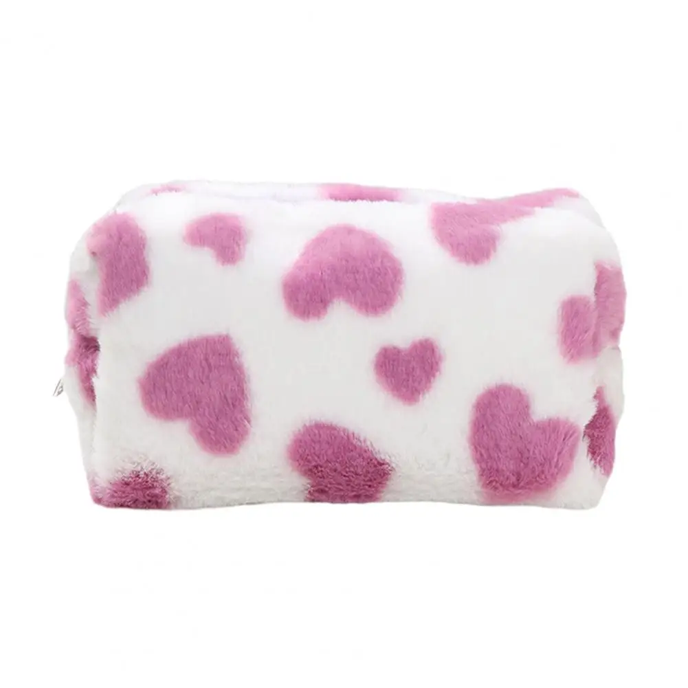 Makeup Bag Organizer Pencil Pouch Fluffy Plush Makeup Bag with Heart Pattern Zipper Cosmetic Pouch Travel Toiletry for Women