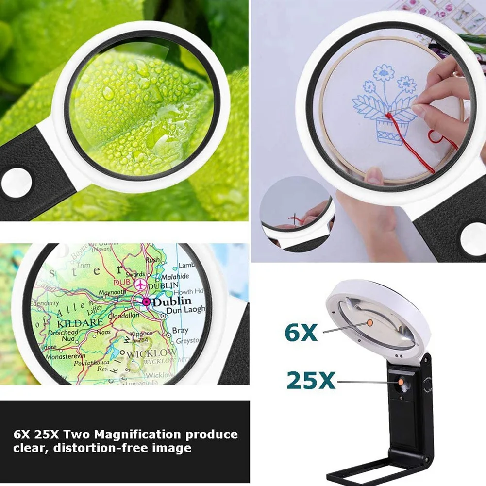 ABUH-2X Magnifying Glass With Light And Stand, Hands Free Handheld 6X 25X Adjustable Folding Magnifier With LED Lighted