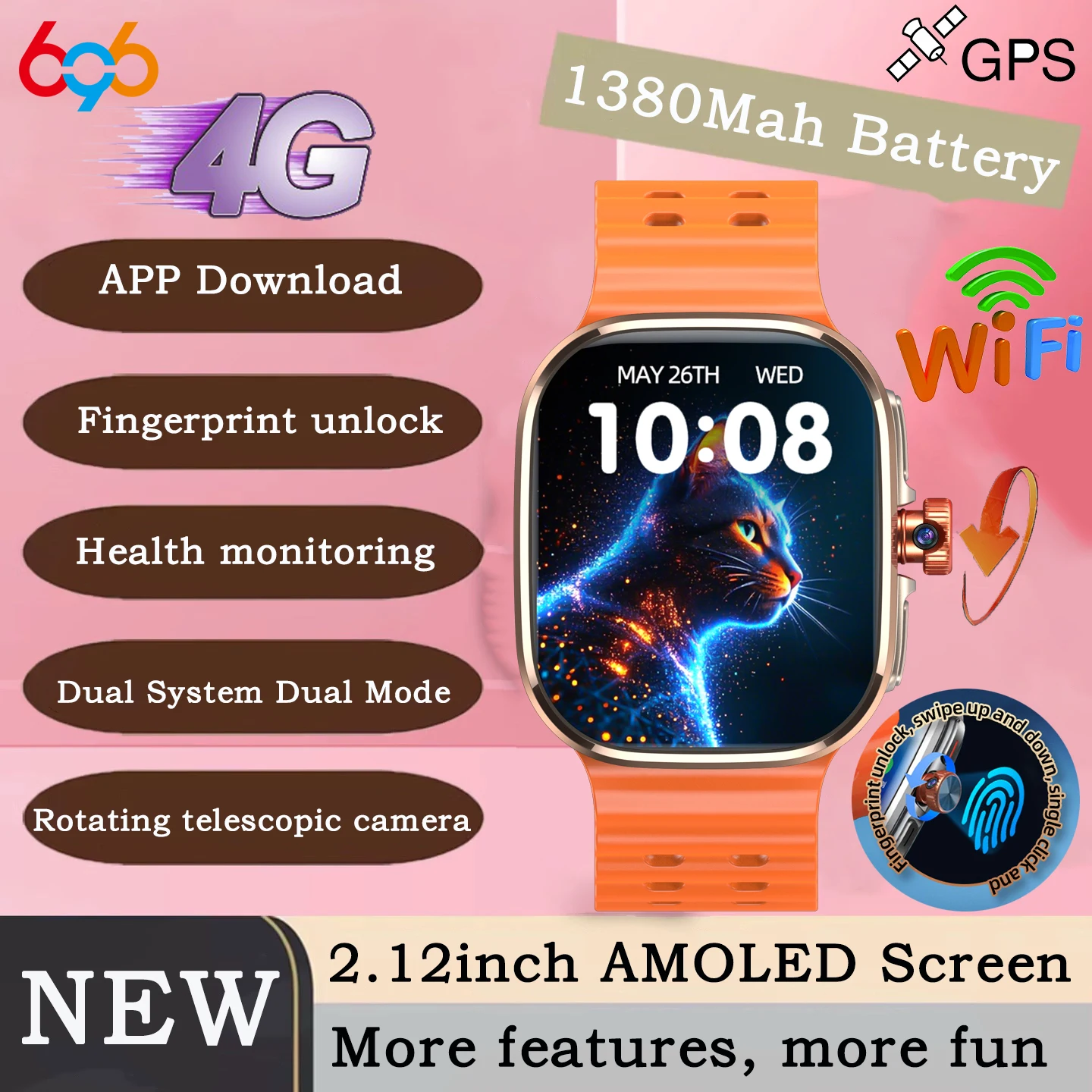 

Новые умные часы 4G с AMOLED-экраном 2,12 дюйма, вращающейся камерой 200W, Wi-Fi, GPS-позиционированием, Bluetooth, для мужчин и женщин, с разблокировкой по отпечатку пальца