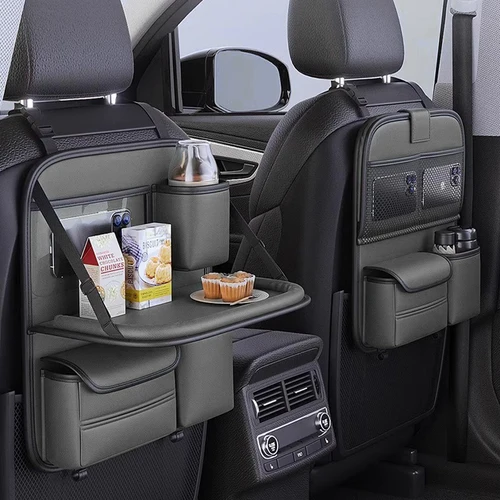 SEAMETAL-bolsa de almacenamiento para mesa de asiento trasero de coche, cubo de basura para mesa plegable, bolsas de almacenamiento colgantes multifuncionales de cuero Pu, bandeja trasera para asiento