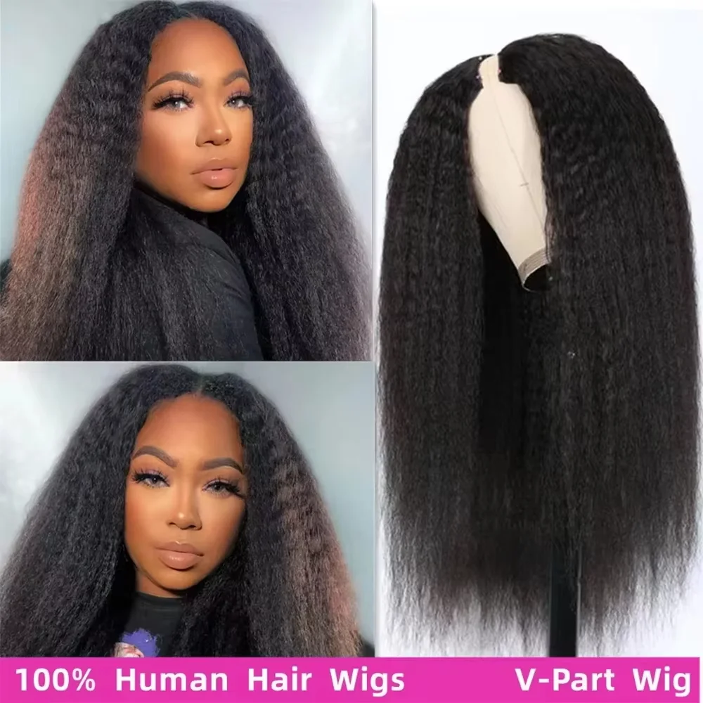 Kinky Straight 360 HD Full Lace Wigs Human Hair 250 Density Brazilian V Part Kinky Straight Human Hair Wig  Pre Plucked 360 Full Lace Wig Drawstring
