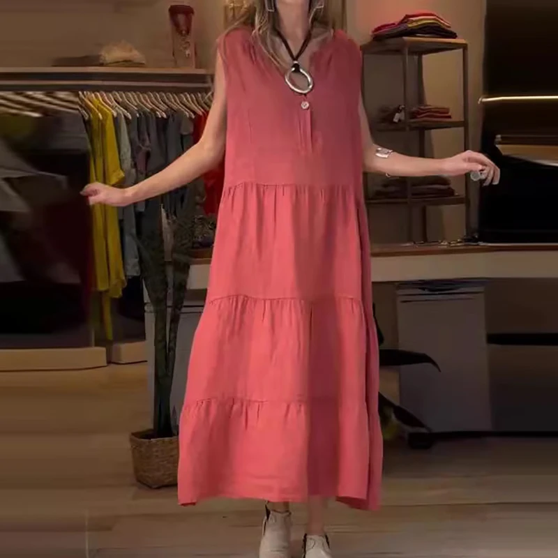 

Fashion V-neck Button Pleated Commuting Dress Ladies Sexy Sleeveless High Waist Long Dress 2024 Casual Loose Vest Beach Dresses