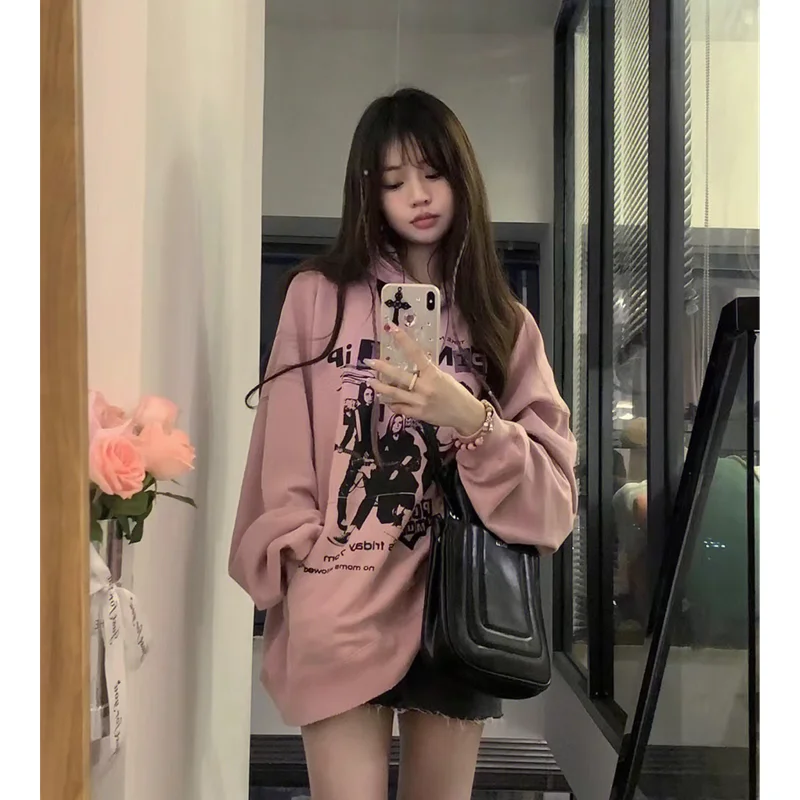 Pink Sweatshirt Women Hooded Letter Print Fashion Hip Hop Oversized Leisure Vintage Lazy Wind Winter Long Sleeves Tops Pullover