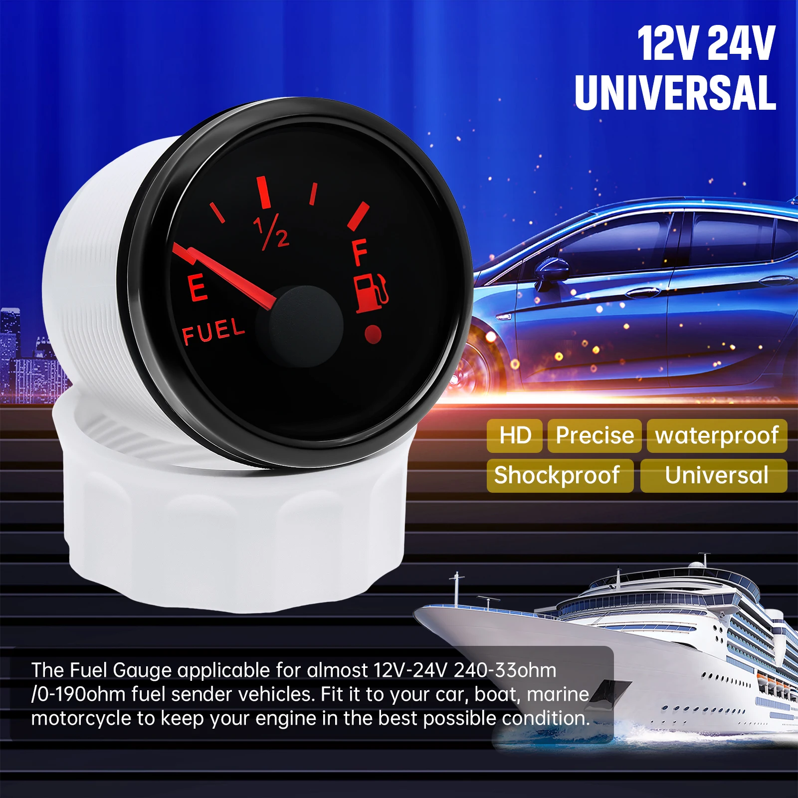 Universal Fuel Level Gauge 190/240Ohm Oil Liquid Meter Fuel Level Indicator With Alarm Light For Mrine Car Boat 12/24V