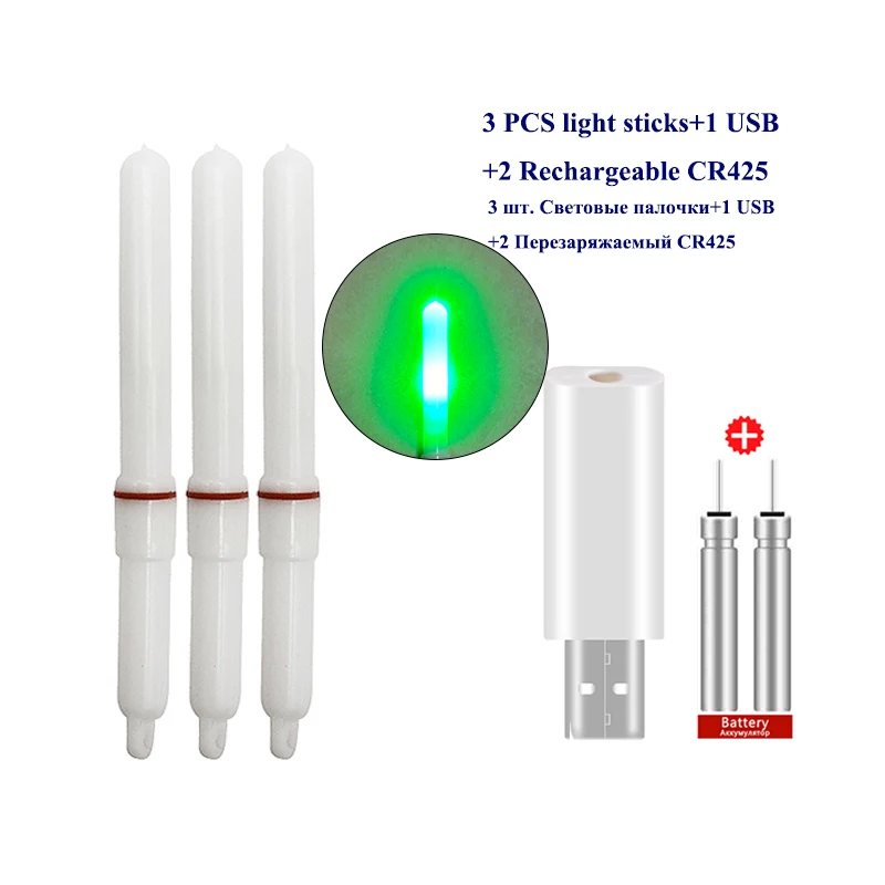 3PCS Night Glow Sticks+1USB+2 Rechargeable CR425 Sea Fishing Lightstick Luminous Fishing Stick Bright Electric Fishing Tools