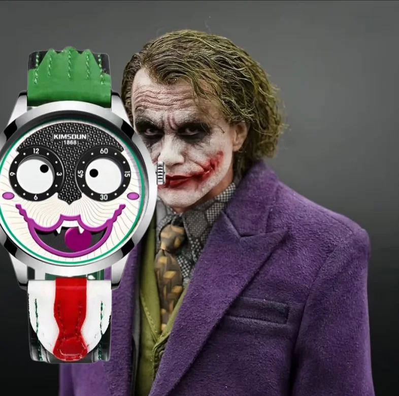 New clown face style bucket shaped fashionable men's watch, green leather strap, luxurious business men's watch