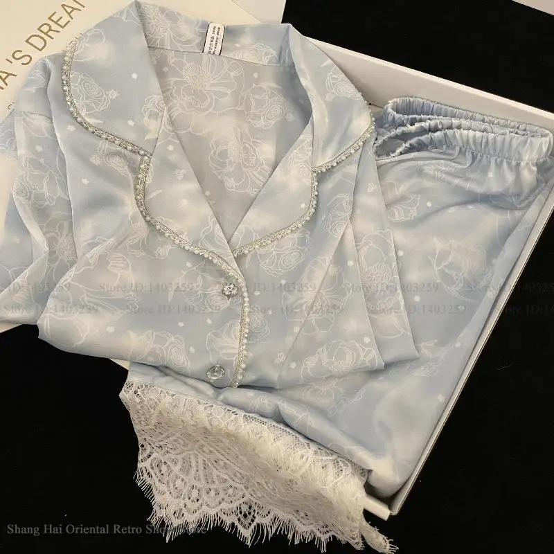 Plus Size 4XL Female 2PCS Pajamas Set Loungewear Sweet Girl Print Flower Lace Sleepwear Long Sleeve Pijamas Silk Satin Homewear