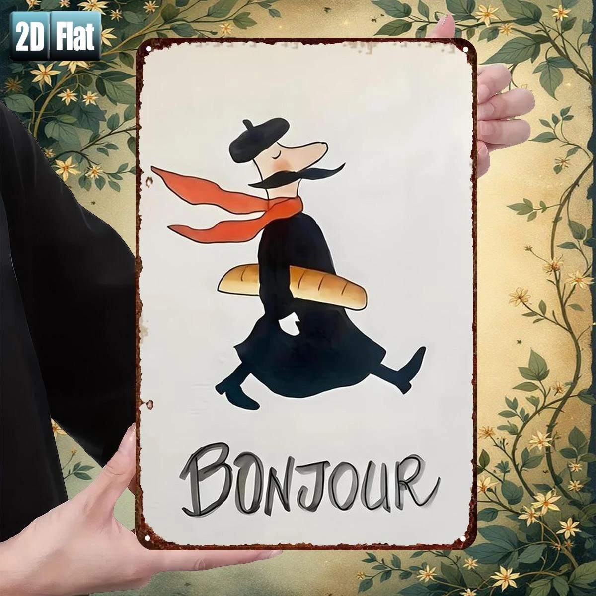 "Bonjour: A Whimsical French Gentleman with a Baguette", Metal  Sign, Decoratve Paintings/Room/Restaurant/Bar/Door/Garage Decor