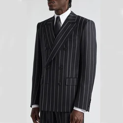 Black Pinstripe Men's Suits Double Breasted Peak Lapel High Quality 2 Piece Jacket Pants Full Sets Elegant Wedding Blazer 2024