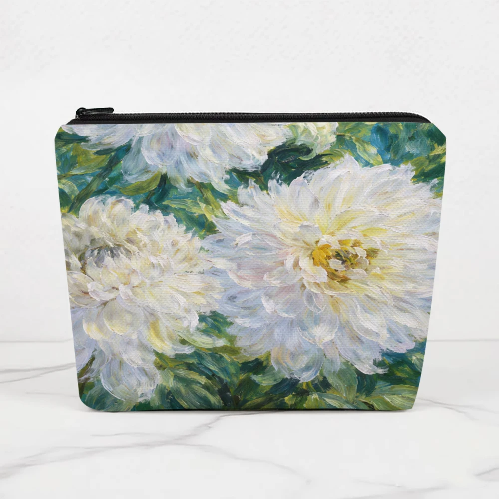 White Flowers Green Leaves Pattern Makeup Bags for Girls Cosmetic Pouch Toiletry Bag Pencil Case Travel Storage