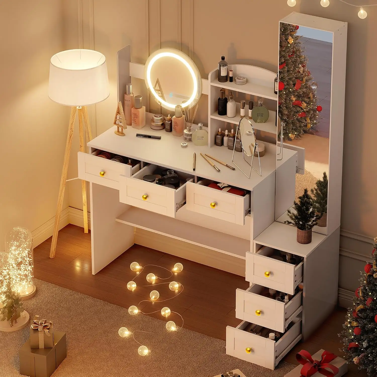 

Full-Length Mirror Vanity Desk with Lights and Jewelry Storage Cabinet, Golden Handles Makeup Vanity with Bedroom, White