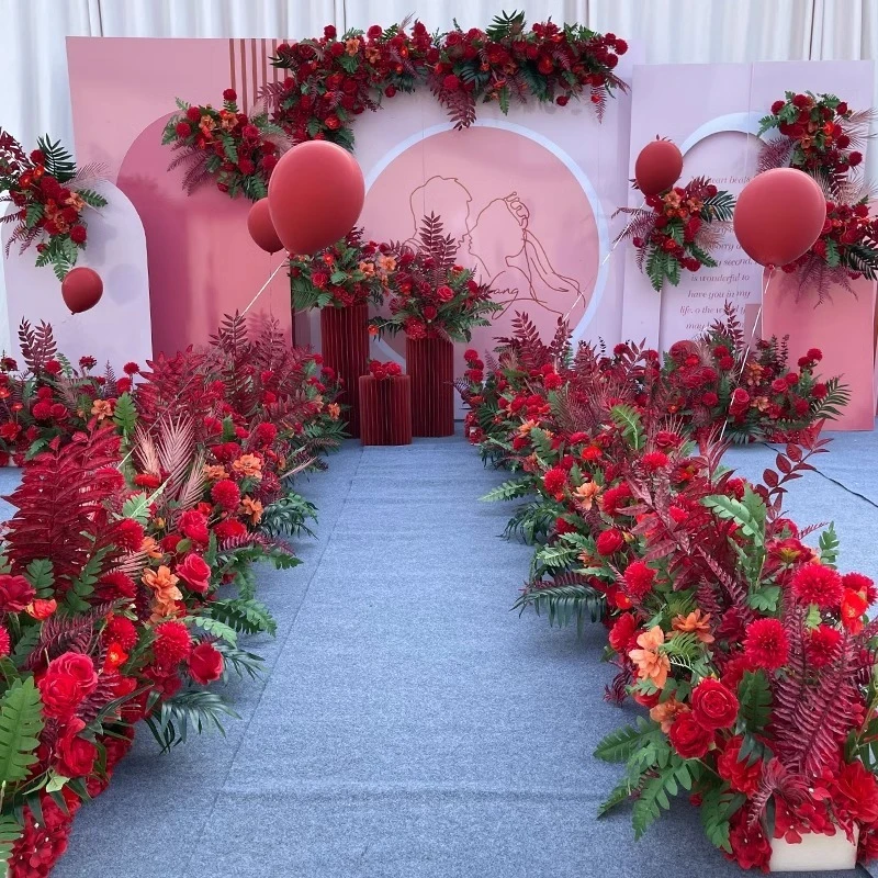 

New Wedding Large Red Floor Flower Simulation Silkr Decoration Eucalyptus Row T Table Road Guide Wedding