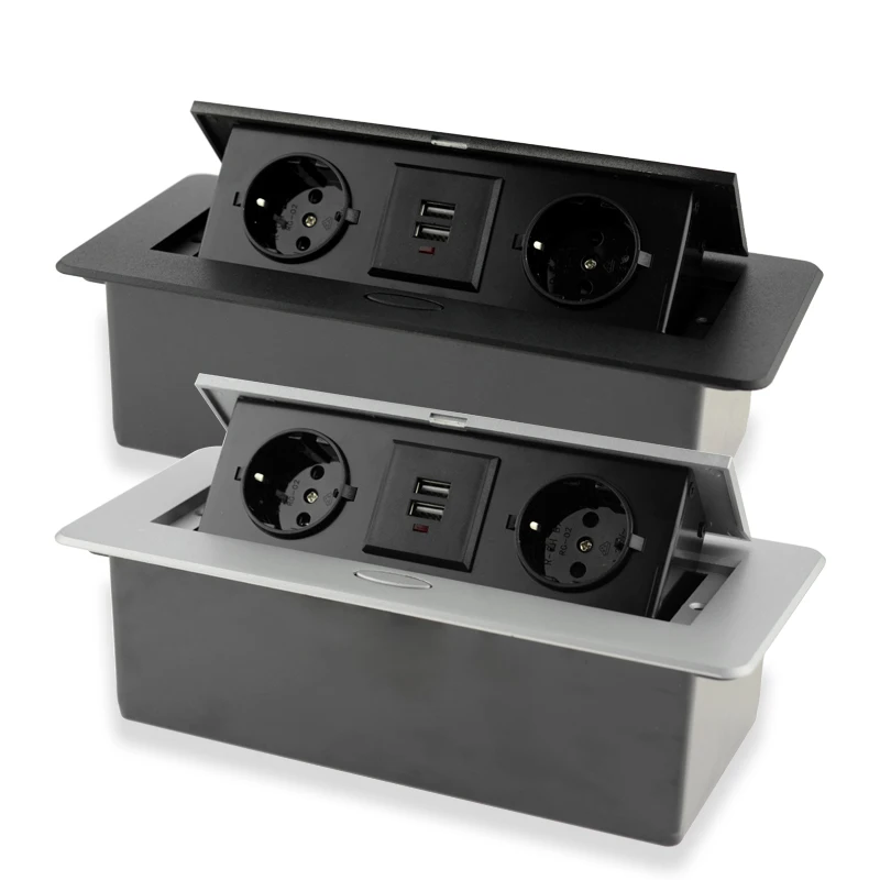 EU Hidden PoP Up Table Socket Desktop 2 3 Outlet with USB Office Kitchen Cabinet Desktop Aluminum Frame Power Electrical Sockets