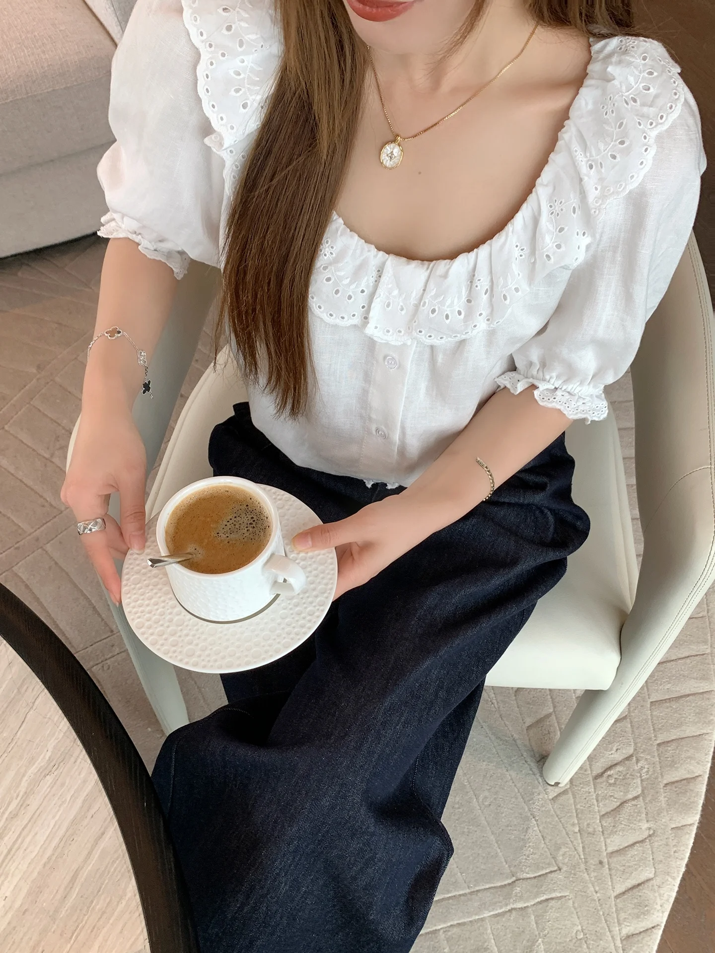 

Cute Style White Short Sleeve Bubble Sleeve Doll Collar Shirt New Arrival Benxe Gentle as You Women's Fashion Lenzing Modal