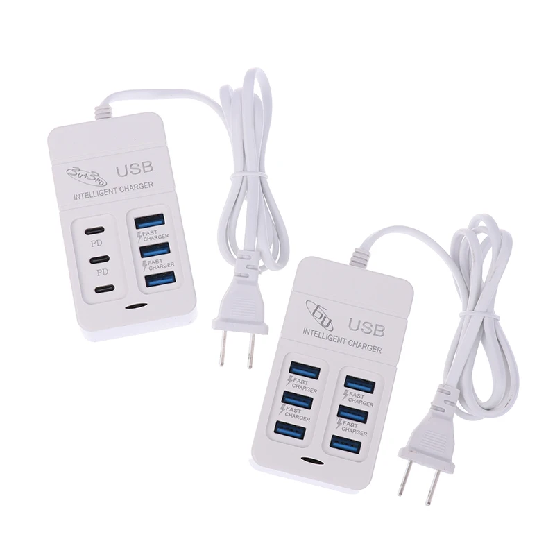 1PC US Plug 6Ports Multiport USB Charger 35W PD Type-C Mobile Phone Fast Charge Wall Chargers TypeC USB Hub Adapter