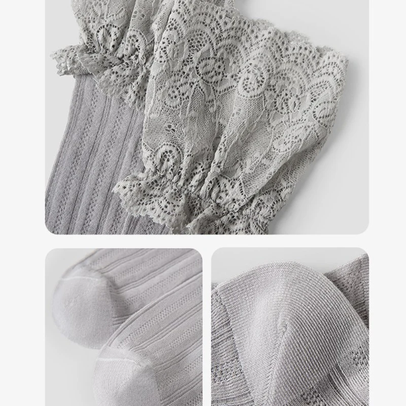 Słodkie wzburzone pończochy na łydki damskie w stylu japońskim koronkowe Lolita cienkie wygodne skarpetki na łydki w jednolitym kolorze