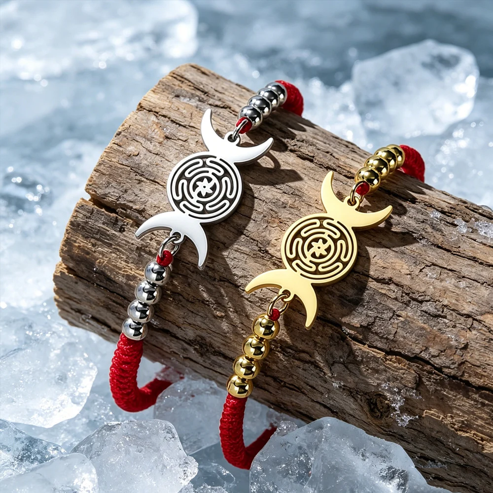 Dawapara Hecate Bracelet Wicca Triple Moon Goddess Wheel of Hecate Charm Adjustable Rope Chain Stainless Steel Jewelry