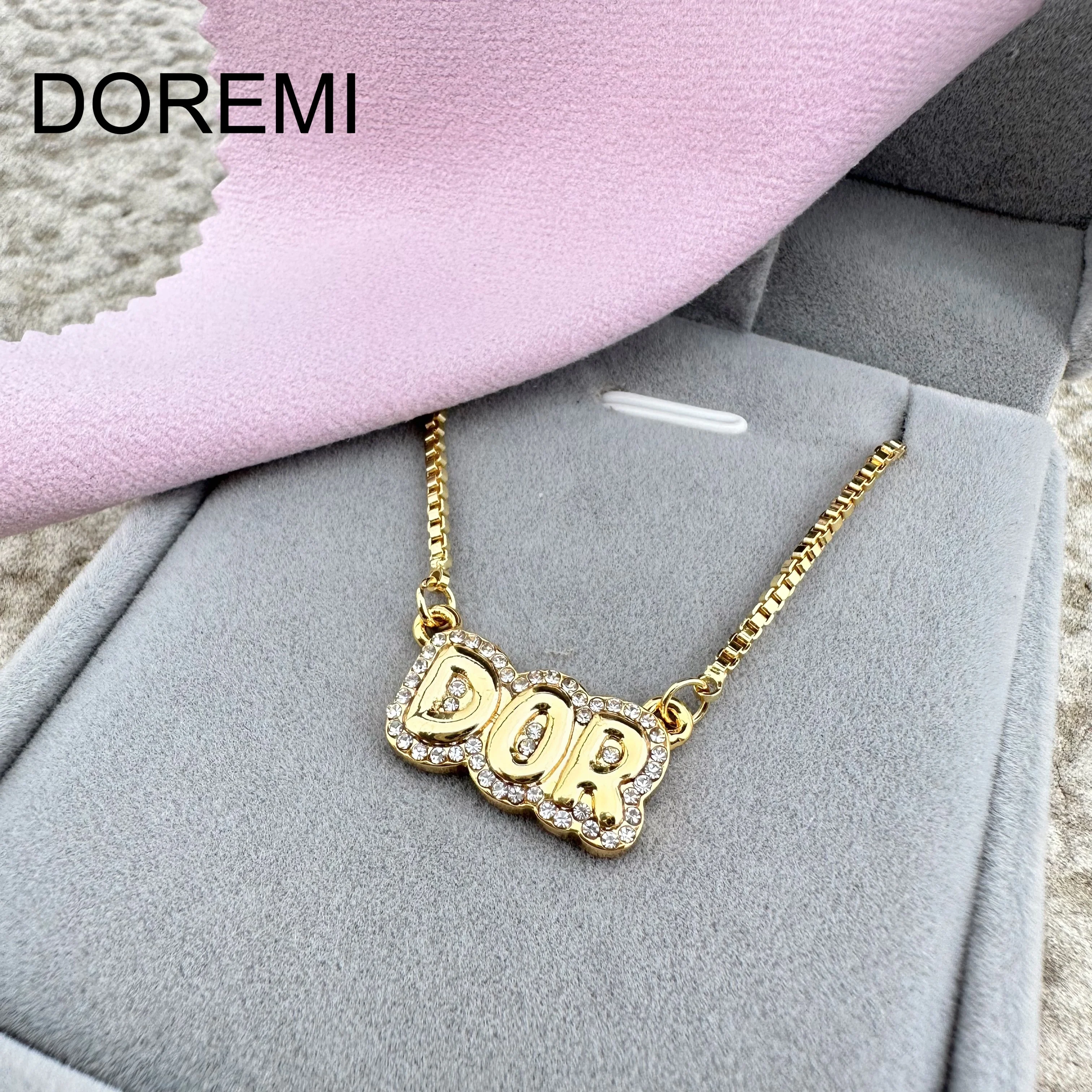 DOREMI Bubble Name Necklace Gold Plated Double Layer Metal Crystal Name Necklace Bubble Letter Custom Necklace Jewelry