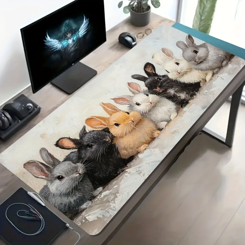 Aesthetic Oil Painting Bunny Desk Mat, Extra Large Cute Rabbit Mouse Pad, Non-Slip Waterproof Keyboard Mat for Desk Decor