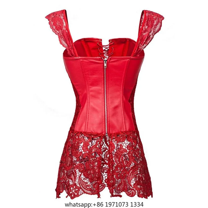 Sexy Women Gothic Corset Bustier Dress Faux Leahter Lace Strap Waist Cincher Steampunk Shaper Underwear Lingerie Red Plus Size