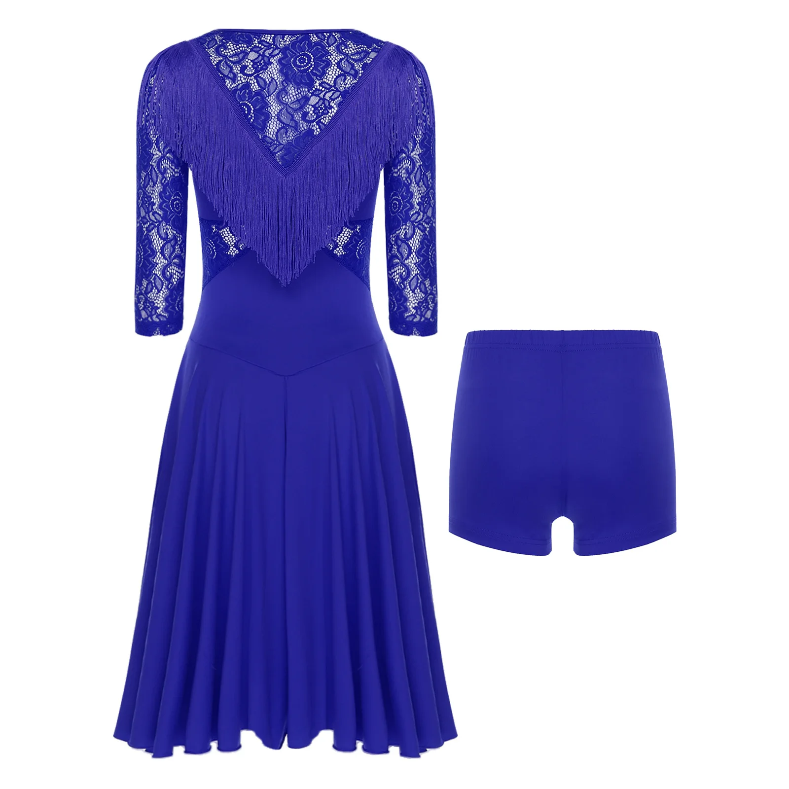 Costume de danse Tango Samba pour femmes, élégant, dentelle florale transparente, pompon fluide, robe de Salsa latine avec short pour danse Chacha Rumba