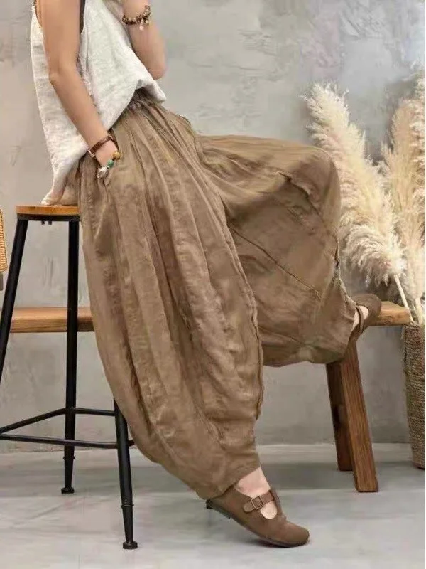 Retro Patchwork Double Layer Lantern Pants Loose Slimming Large Size Pumpkin Pants Women Summer Casual Wide Leg Trousers