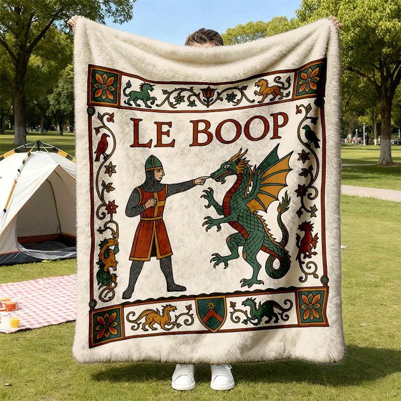 Funny Dragon Knight Flannel Blanket, Le Boop Throw, Medieval Fantasy Humor Gift for Book Lovers