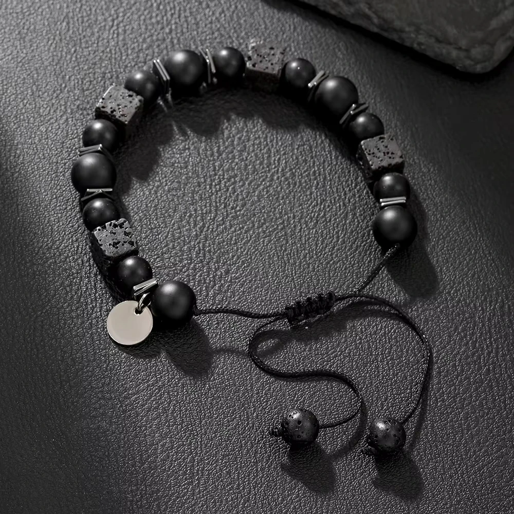 Adjustable Lava Rock Matte Onyx Beaded Bracelet for Men Natural Stone Bracelet Black Volcanic Rock Wristband with Metal Spacers