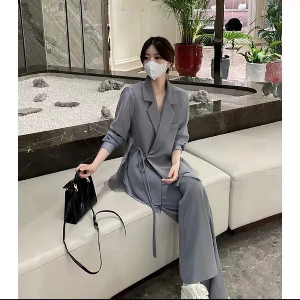 Solid Casual Suit Set Women Fashion Thin Summer Autumn Office Siren Patchwork Tulle Loose Fit Lace Up Outwear+Wide Leg Pants