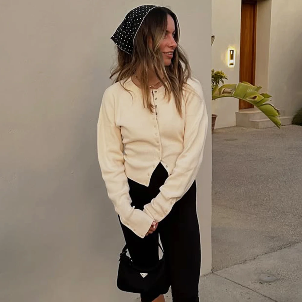 Talenza Cardigan monopetto da donna a vita alta girocollo monopetto tinta unita manica lunga maglione corto top autunno camicia sottile con fondo