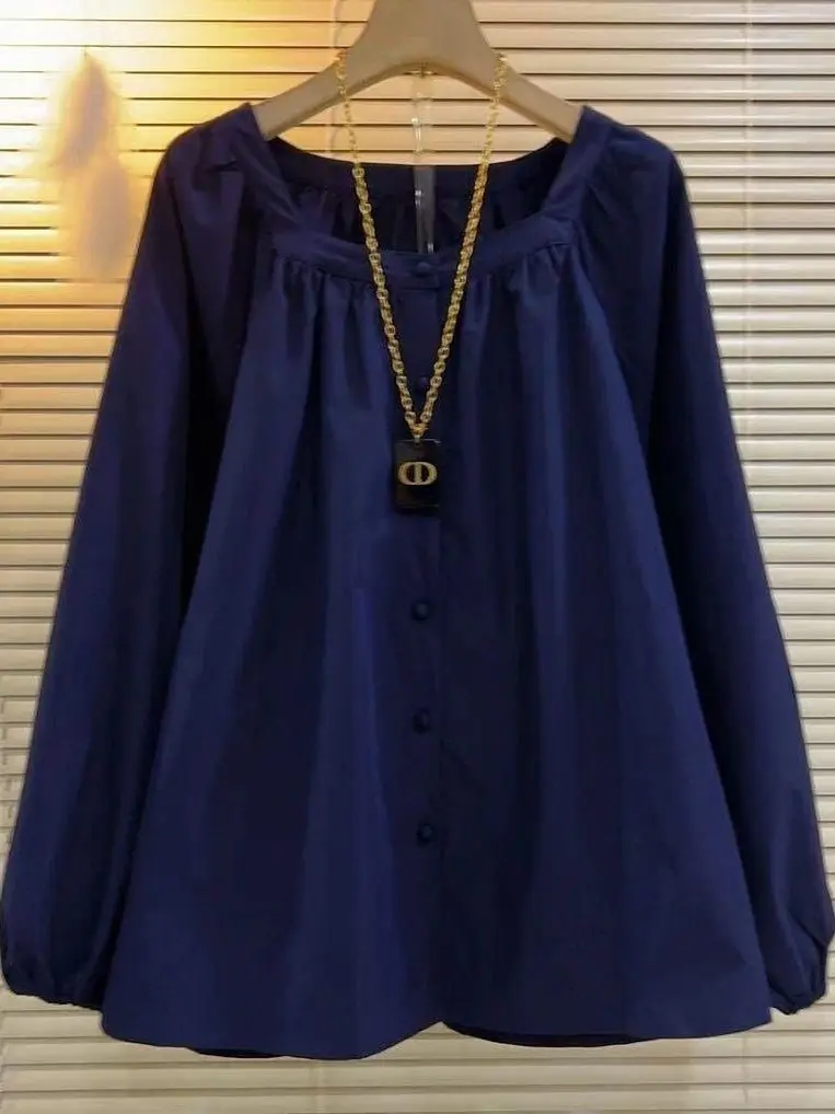 

Ele Simple Blue Long Sve irt Women's Faion Vintage Sle Casual Loose Fit Button up irt for Autumn Season