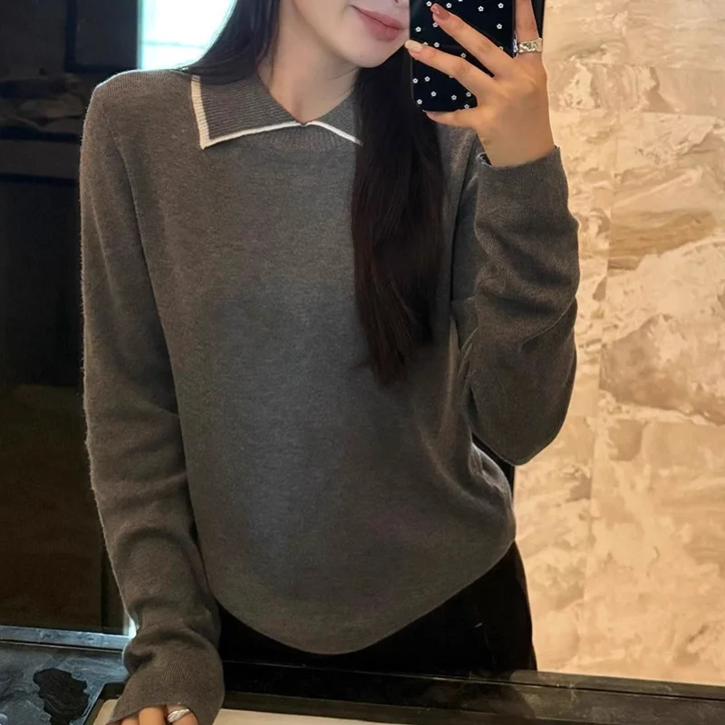 Estilo coreano bloco de cor gola polo camisola de malha das mulheres outono inverno novo estilo camisola fino ajuste design sentido camada base topo