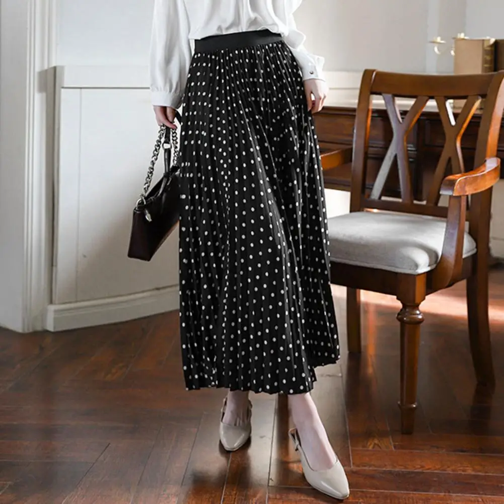 Women Elastic High Waist A-Line Maxi Skirt, Slimming Large Hem Dot Print Pleated Long Skirt For Daily Work Leisure Wear