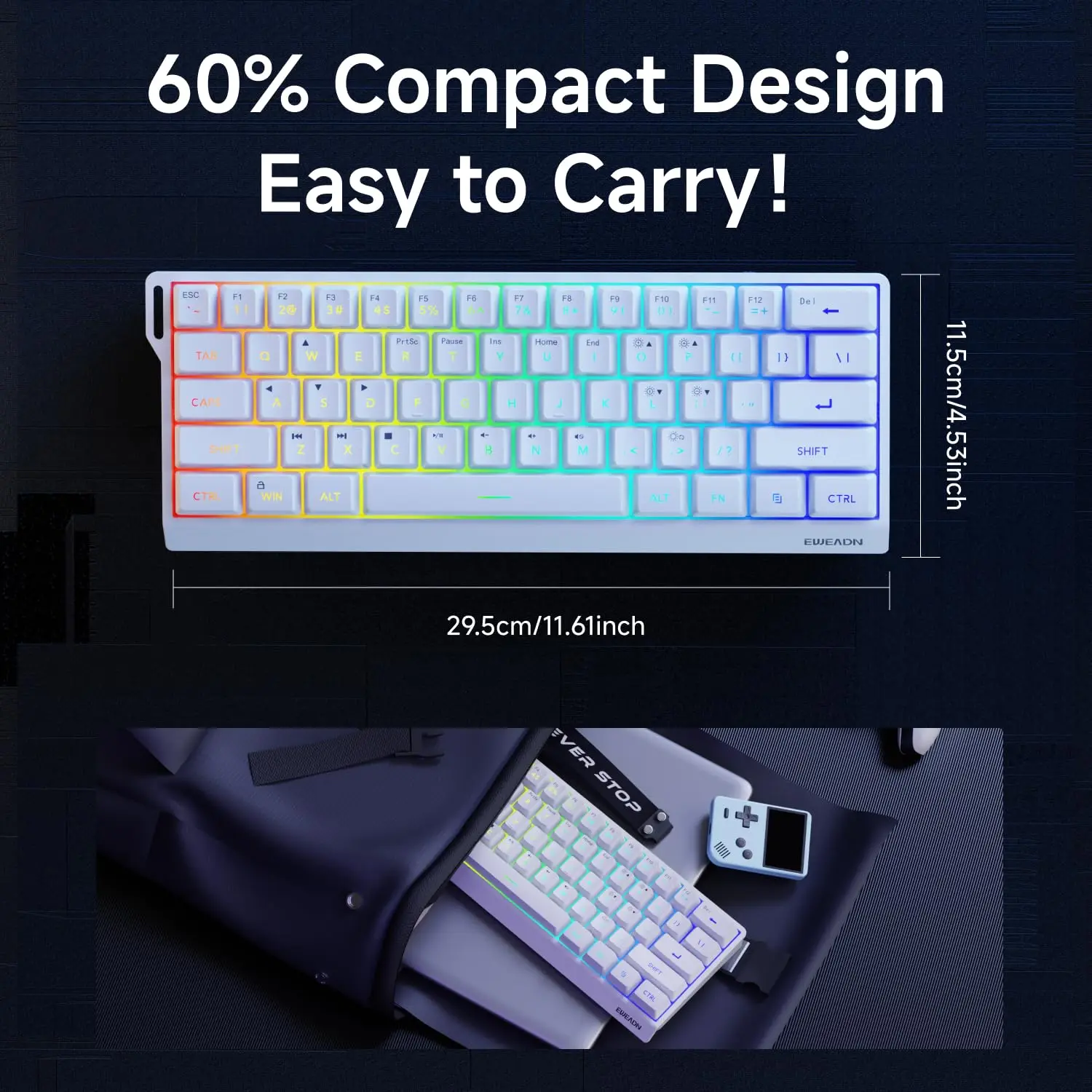 EWEADN F61 لوحة مفاتيح مكتب لاسلكية صامتة 61% تخطيط RGB تصميم مريح بطارية 2000 مللي أمبير في الساعة لوحة مفاتيح اتصال ثلاثية الأوضاع