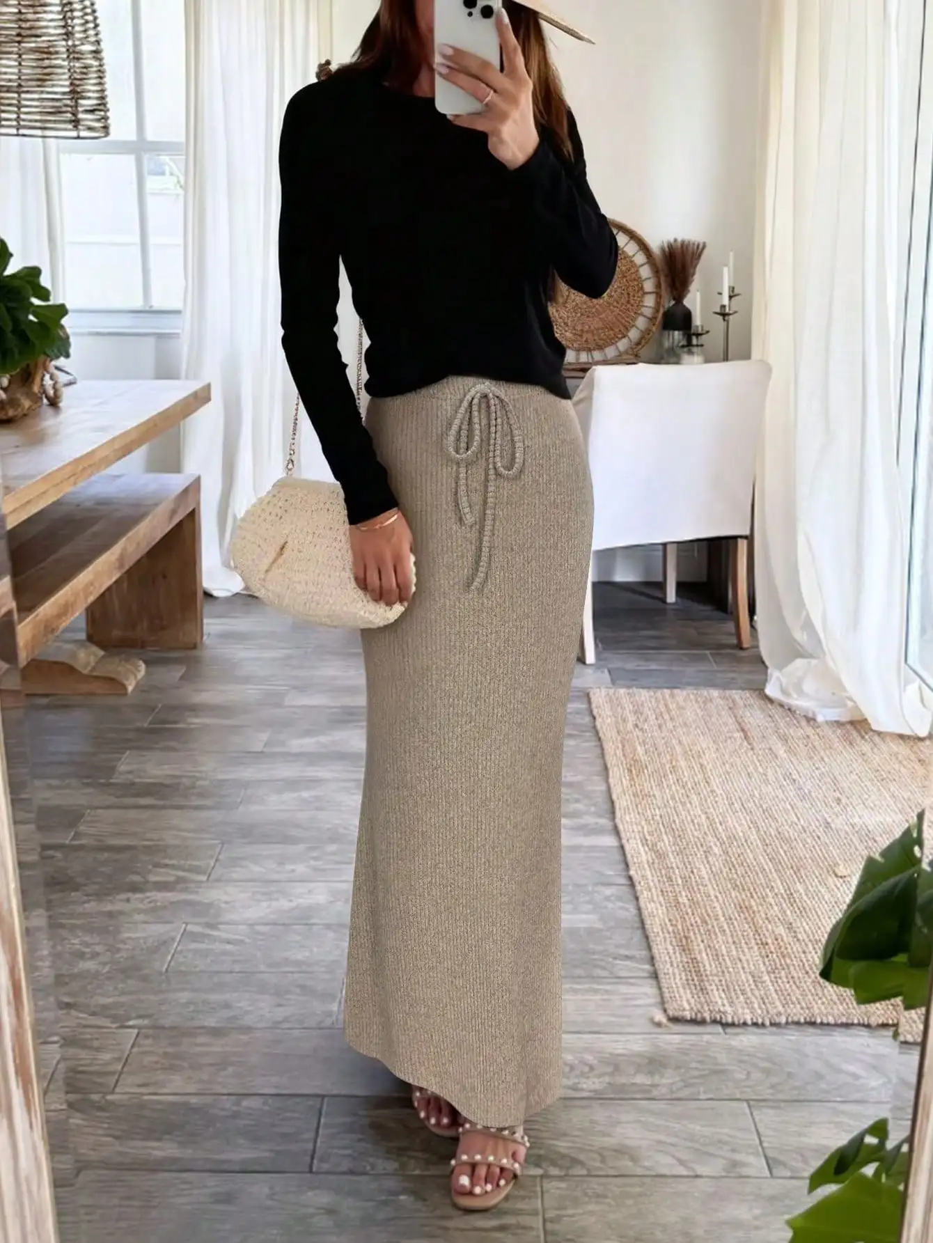 Women's Stretch Ribbed Knit Mermaid Maxi Skirt 2026 Autumn Solid Long Midi Pencil Skirt with Drawstring Waist