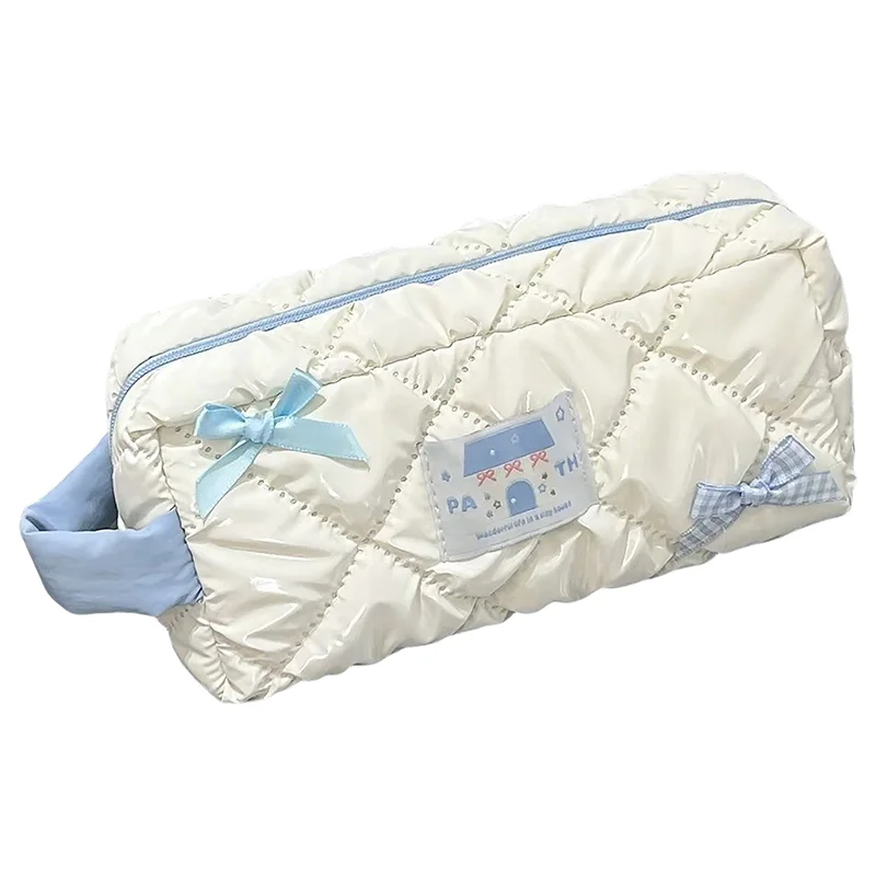 Blue White Bow Pencil Bag Large Capacity Stationery Bag Travel Storage Bag Women'S Cosmetic Bags Cute Design Girls Pencil Case