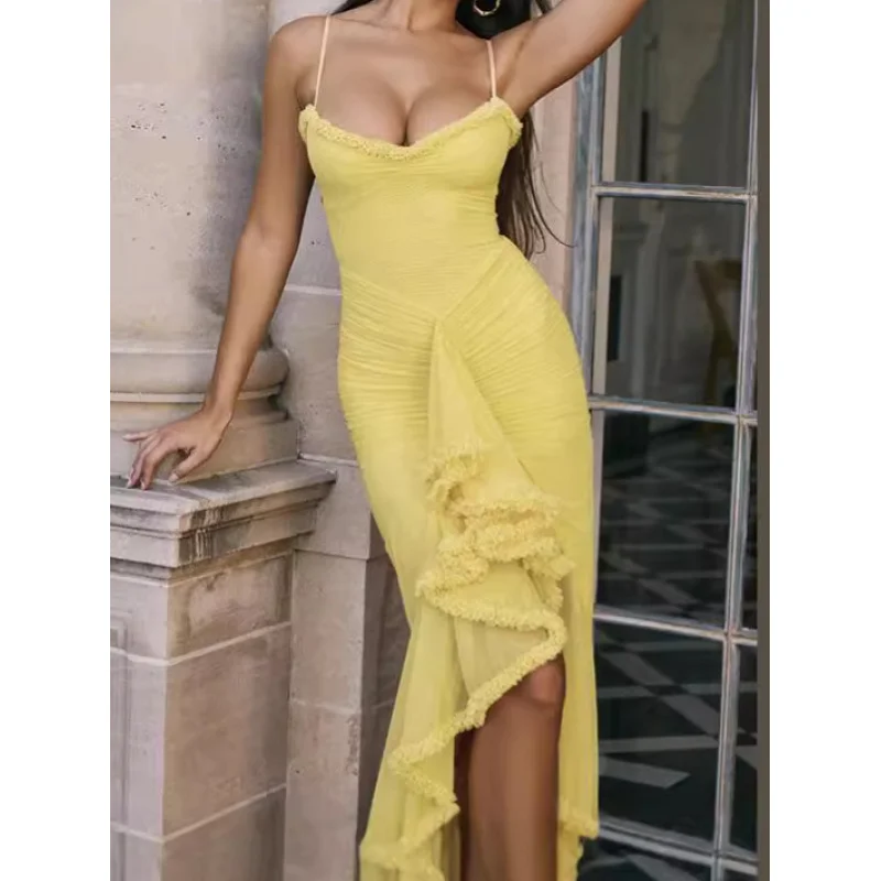 

French-Style Cozy Mesh Camisole Dress With Ruched Waist, Ruffled Irregular Hem, And Backless Design