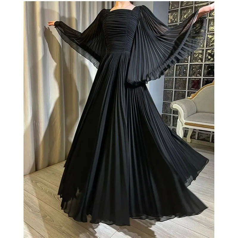 Abito da ballo Vintage con scollo quadrato nero a-line abiti da festa in Chiffon a maniche lunghe abiti da sera lunghi fino al pavimento su misura 2024